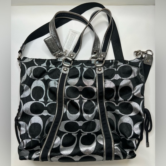 Coach Poppy Black and Silver Matalic Signature Lurex Handbag #14435 - Picture 4 of 15